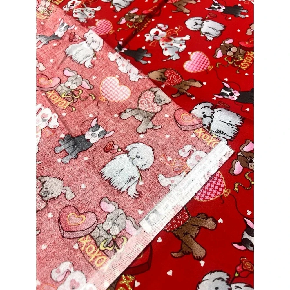 Valentine Love Pups on Red Quilting Fabric by Patti Reed, Dogs with Gold Accents